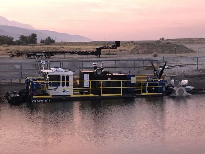 An IMS 5012 LP Versi-Dredge is launched at a reservoir in California using its Transport / Launch / Retrieve Trailer (TLR).